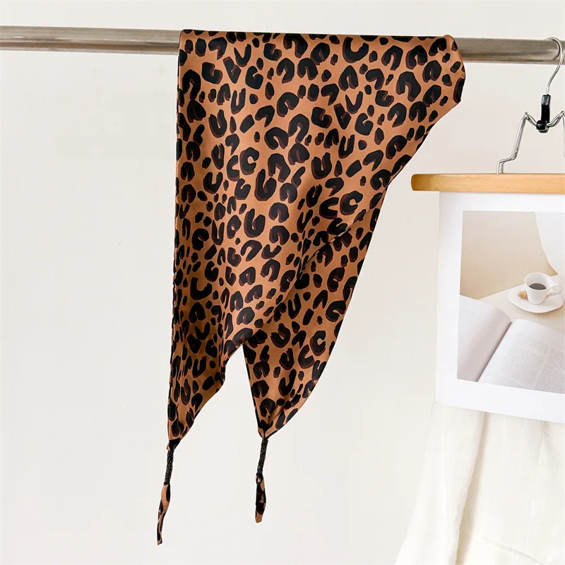 Leopard print chain simulated silk double-layer printed waist-tied triangle scarf sun protection shawl neckerchief women's scarf