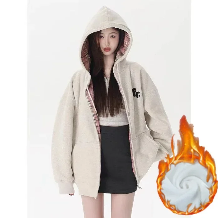 

Толстовка для женщин, куртка с длинными рукавами, клетчатая ткань на подкладке с капюшоном