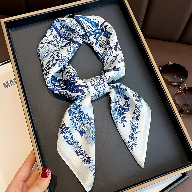 Luxury Floral Silk Feel Square Scarf Women Soft Satin Kerchief Hairband Neckerchief Head Hijab Lady Headband Foulard Bag Ribbon