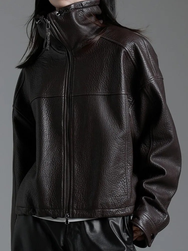 Freizeit-Stil, einfarbig, echtes Leder, Damen, handgefertigt, Umlegekragen, Reißverschluss, lange Ärmel, Schaffell-Oberbekleidung