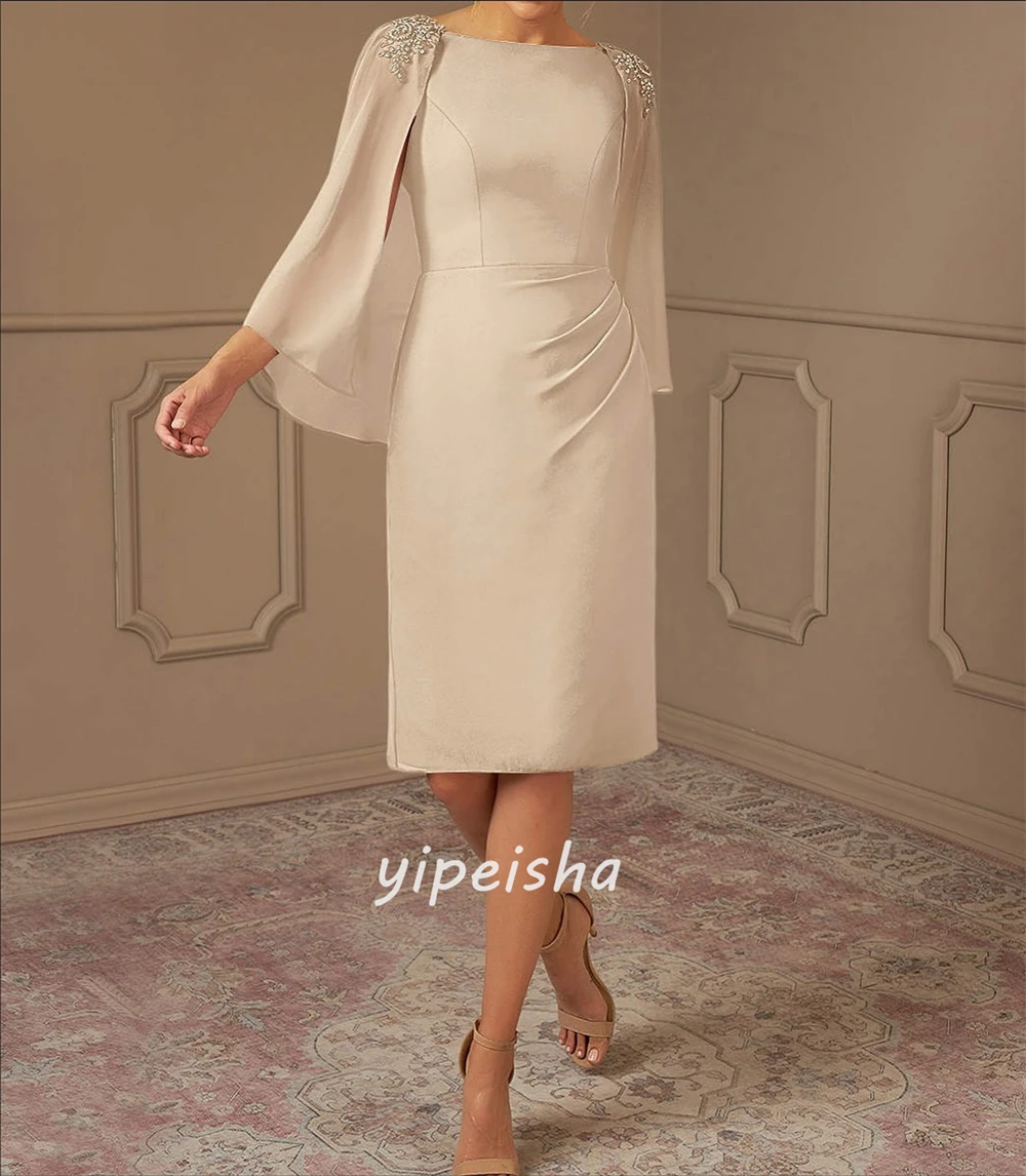 Maßgeschneiderte, moderne, modische Jersey-Kleider mit Strasssteinen, gerüscht, A-Linie, U-Ausschnitt, knielange Kleider, maßgeschneiderte Kleider für besondere Anlässe, elegant