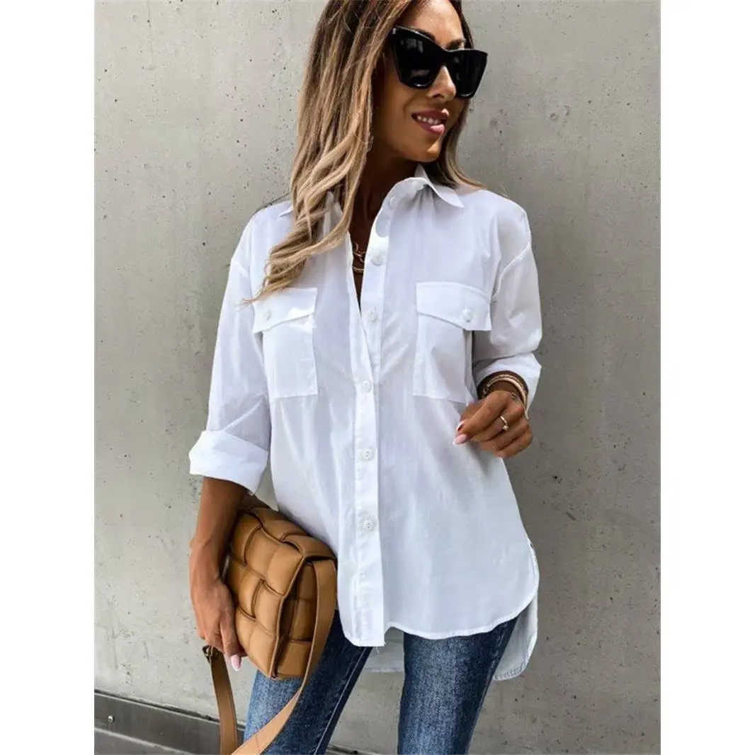 المرأة غير النظامية irt ربيع الخريف بلوزات فضفاضة السيدات مستقيم قطع طويلة Sve طوق زر أسفل ألياف البوليستر