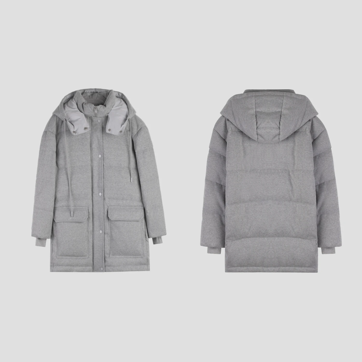 LP9078 wool goose down jacket 2024 winter double pocket detachable hooded mid length warm down jacket for women