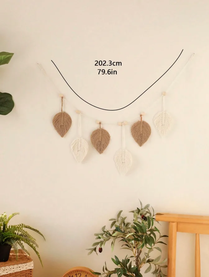 1pc Bohemian Style Leaf Hanging Ornament, Cream White Leaf Wall Decor, Handcrafted Leaf Pattern Tassel Decoration