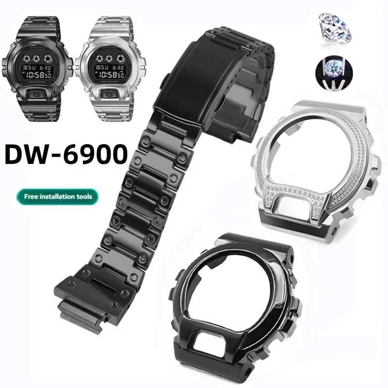DW-6900 Metal Strap Case Strap for Casio DW6900 DW-6600 Modified Stainless Steel Case with Diamond Inlaid Bezel Bracelet Shell