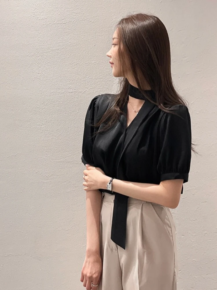 시크한 여성용 버블 슬리브 셔츠 리본 타이 우아한 분위기 한국 스타일 하이웨이스트 반팔 단색 탑