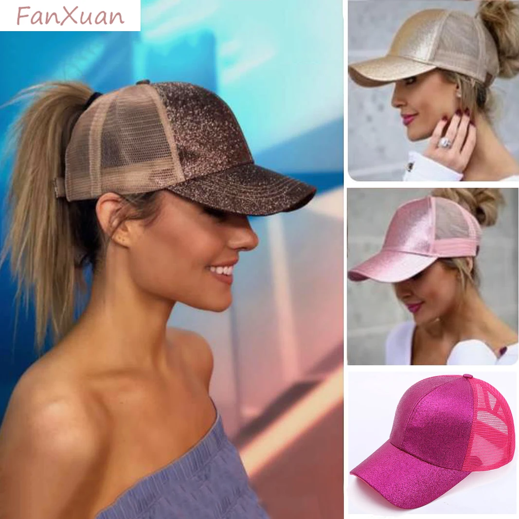 Ponytail Baseball Cap for Women Shiny Glitter Sequins Woman Summer Cap Mesh Sunhat Pure Color High Messy Bun Hat