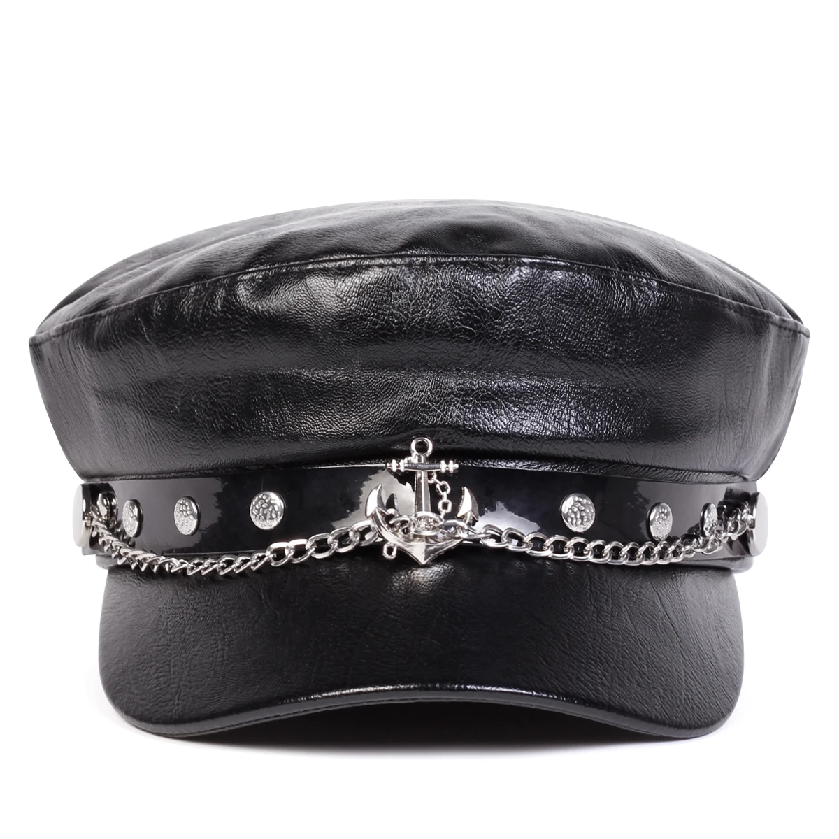 Unisex Nieten-Schnallen-Lederhut Frühling Herbst Matrosenhüte Schwarze Baskenmütze Herren Flacher Kapitänsmütze Militärkappe – Detail 10