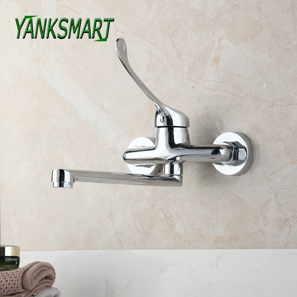 

YANKSMART Long Handle Chrome Polished Bathroom Basin Sink Faucets Medical Hygiene Brass Wall Mounted Faucet Mixer Water Tap