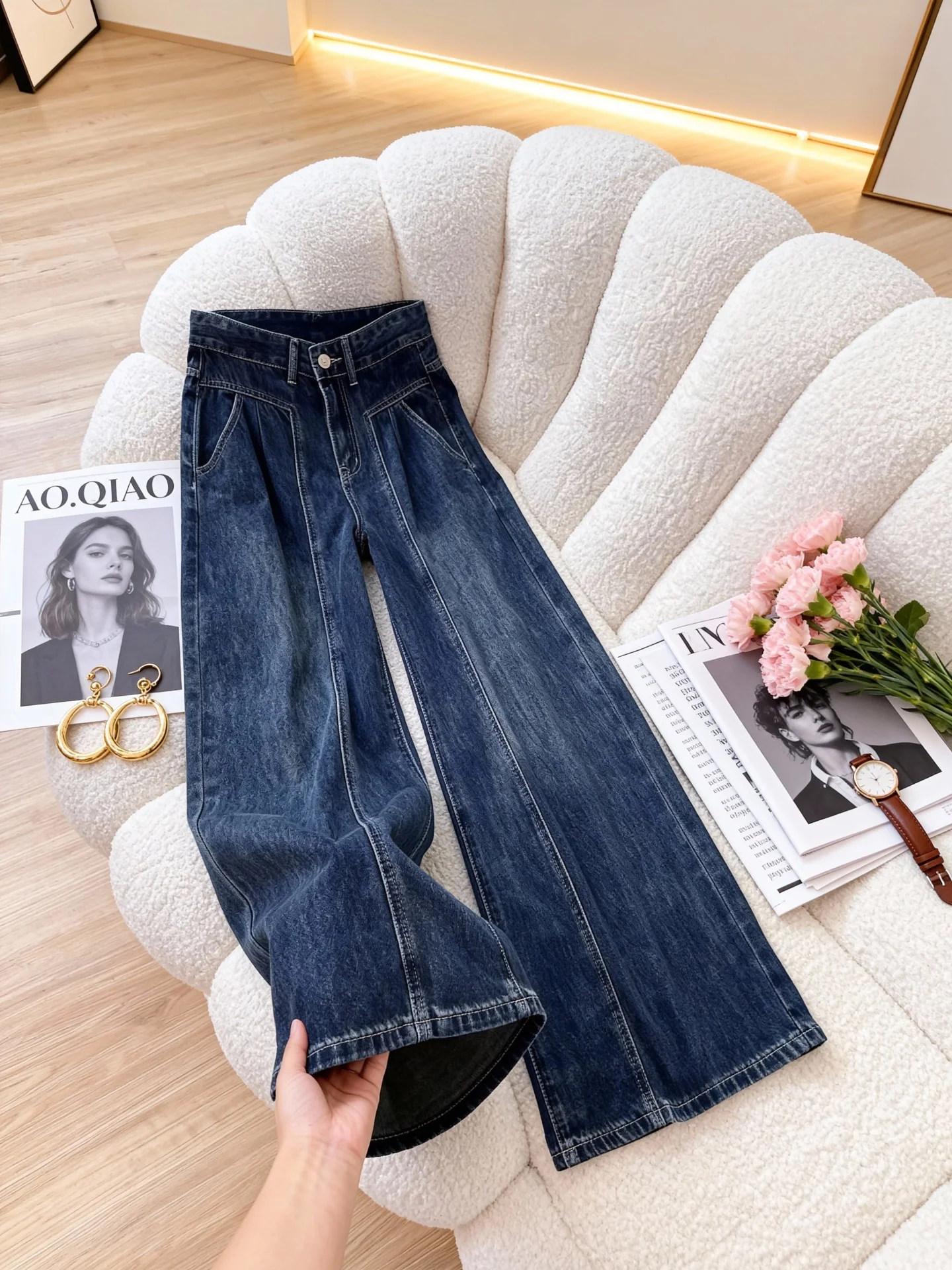 プラスサイズ 裏起毛デニムジーンズ ハイウエスト ワイドレッグパンツ レディース 秋冬 ゆったりフィット 着痩せ効果 ストレートレッグパンツ...