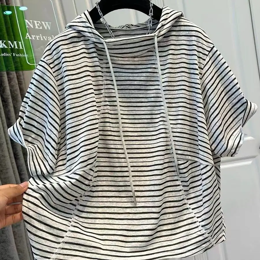 Loose Men's Short Sleeve T-Shirt Drawstring Hood Color Block Stripes Summer New Style Hong Kong Style Casual Loose Top