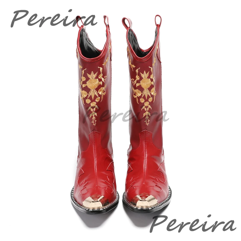 Autumn Winter Men's Genuine Leather Long Boots Ethnic Style Flower Embroidery High Heels Western Boots Trendy Men Casual Shoes