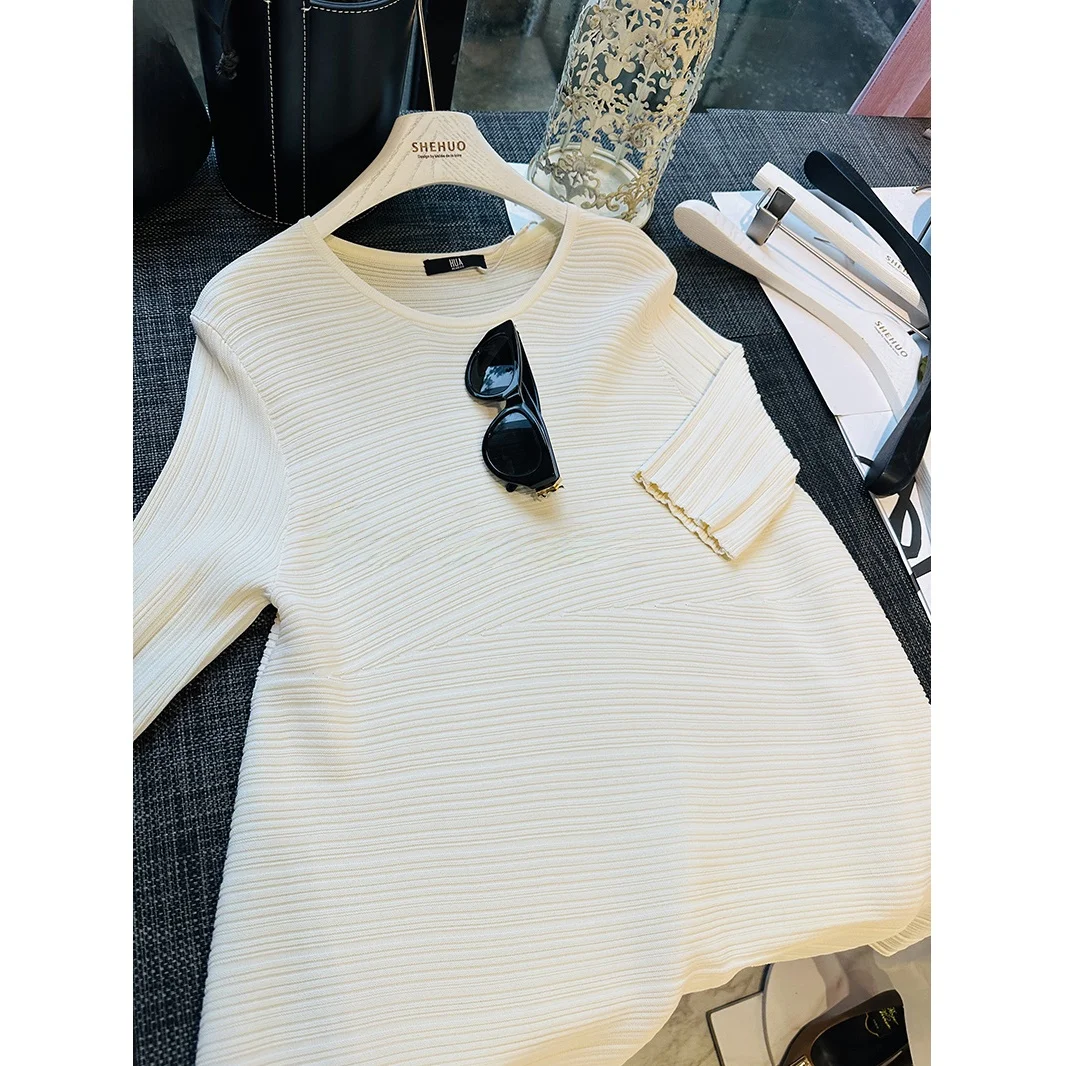 

Sweet Style Knitted Cover up A-Line Sleeveless Accordion Pleat Texture Slimming Effect Autumn Season Long Sleeve round Neck Top