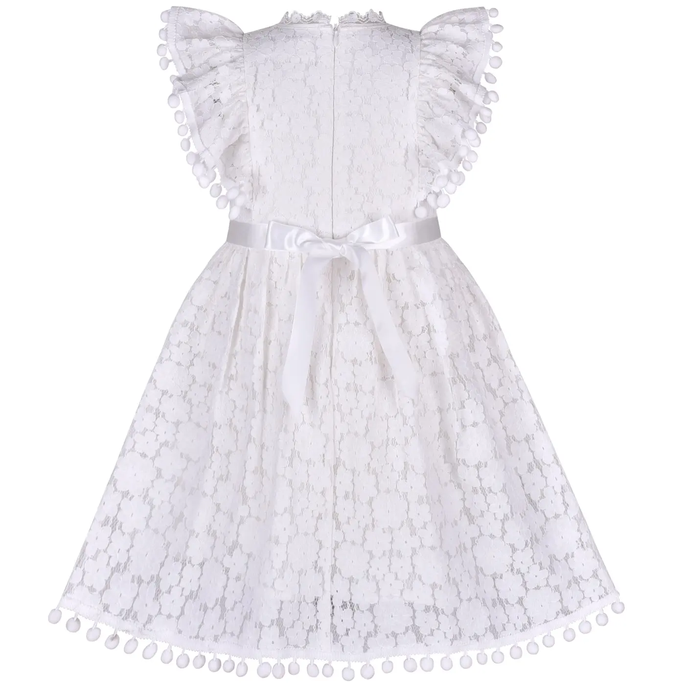 Girls Dress Off White Lace Stand-up Collar Ruffle Flare Sleeve