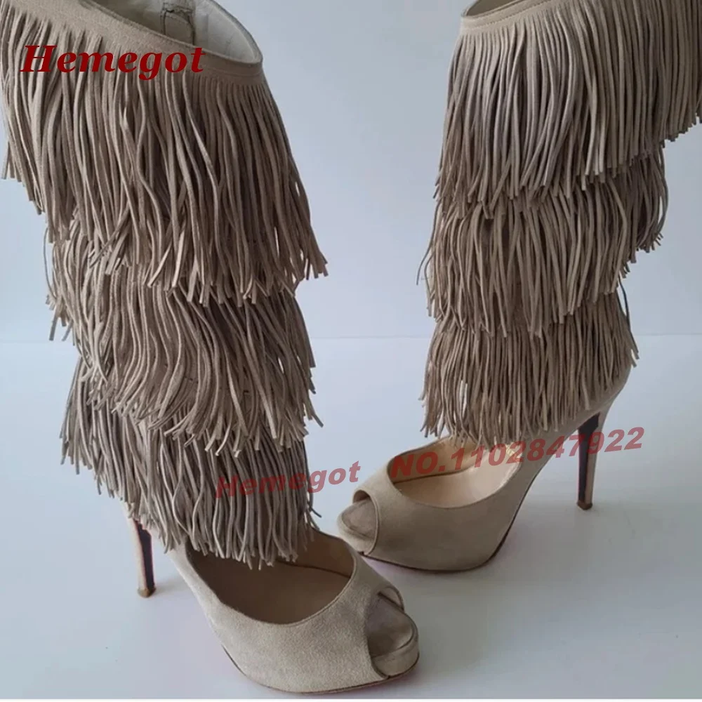 Botas de tacón alto con flecos escalonados y punta abierta, plataforma de gamuza, tacón de aguja, borlas, sandalias gladiador hasta la rodilla, con cremallera lateral, calzado casual.