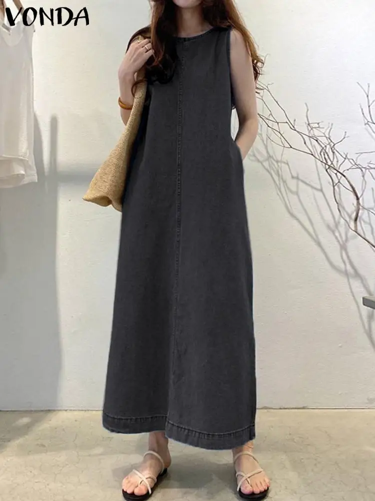 Fashion VONDA 2024 Casual Denim Shirt Dress Women Pleated Sleeveless Long Sundress Loose Robe Summer Solid A-Line Maxi Vestidos