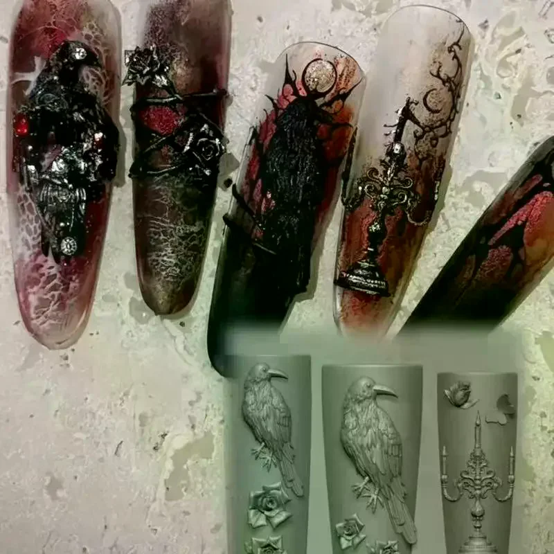 Retro Crow Rose Candlestick Silicone Nail Mold Flower 3D Nail Art Decoration DIY Transparent Mold Manicure Design Tools