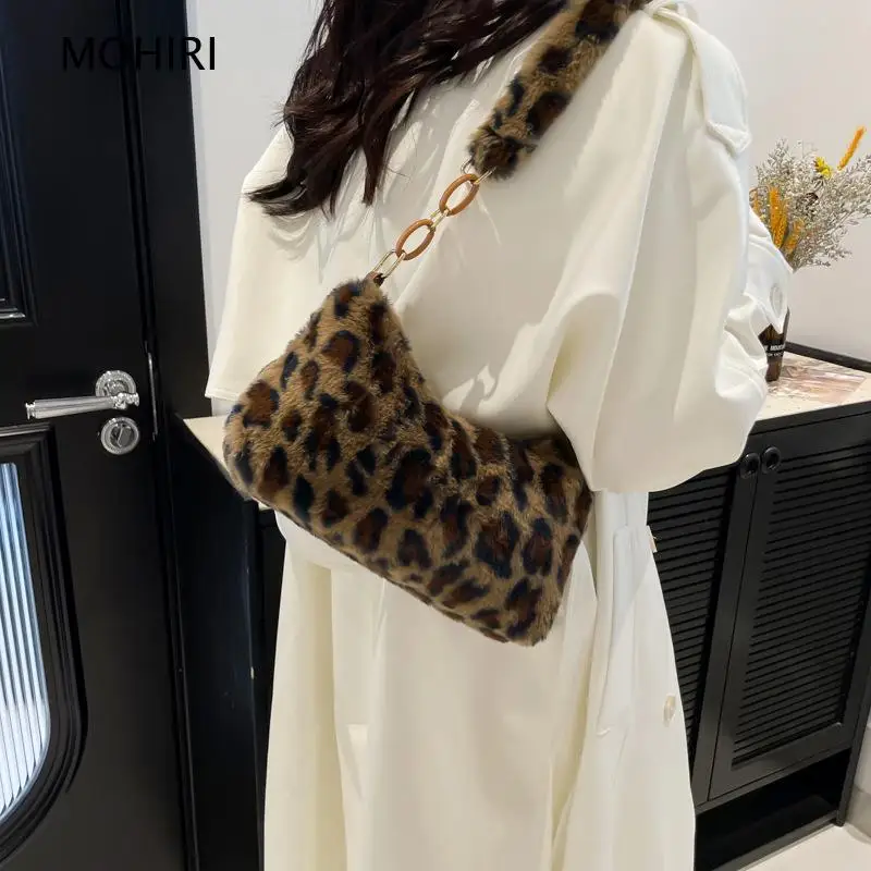 2026 Leopard Print Faux Fur Underarm Bag Small Plush Shoulder Purse for Women Fall and Winter