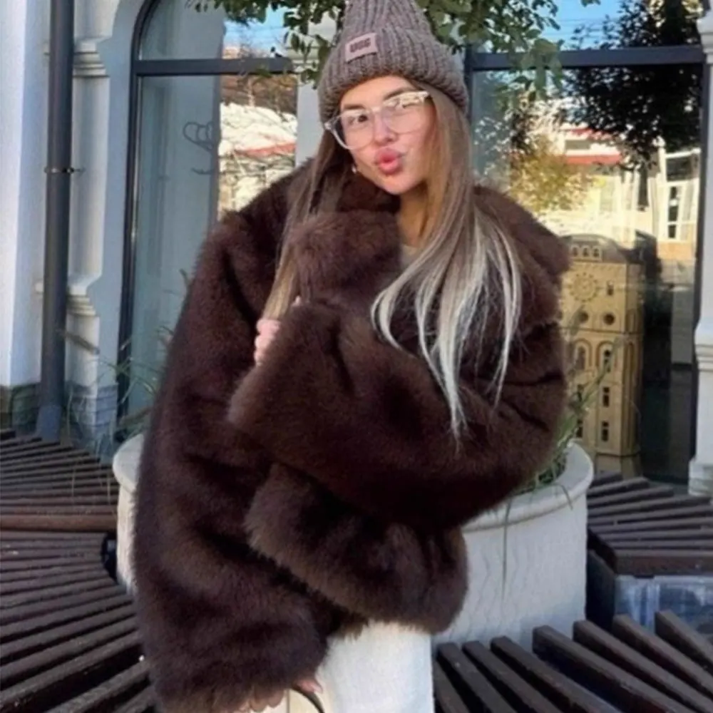 여성용 플러피 재킷 겨울옷 짧은 인조 여우털 코트 한국 스타일 캐주얼 블랙 아우터 여성용 두꺼운 따뜻한 플러시 오버코트