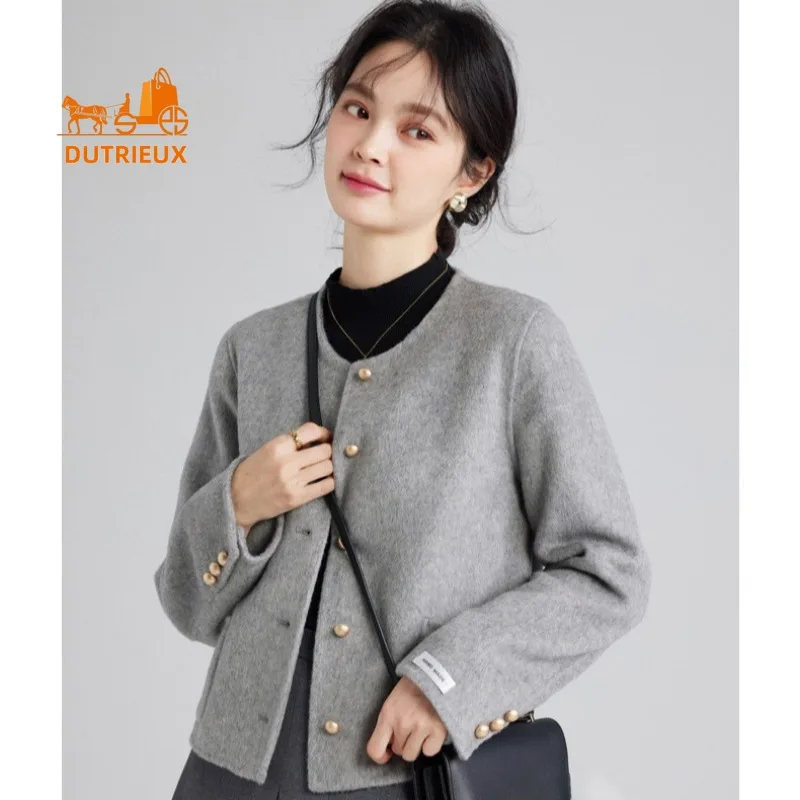 New Winter Women\'s Coat , High-end Double-sided 100% Wool Coat Gentle Short Top Round Neck Elegant Cashmere Jacket for Travel