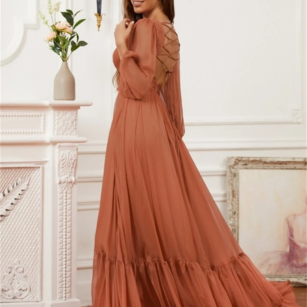 A Line/Princess V Neck Long Sleeves Elegant Prom Formal Evening Dresses Ladies Solid Color 2024Chiffon Ruffles Sweep/Brush Train