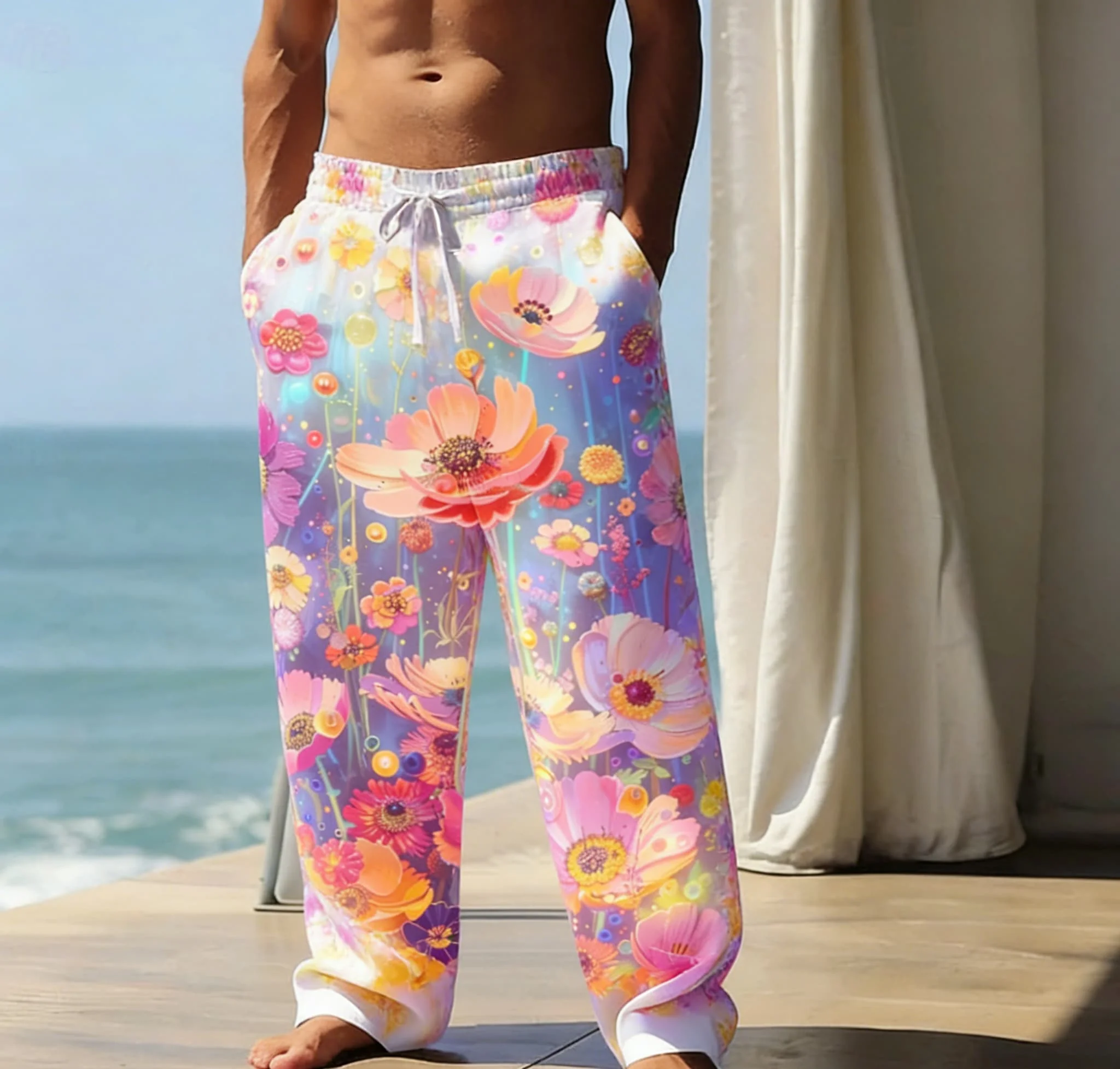 New Summer Men's Casual Floral Print Trousers - Breathable, Thin, Quick-Drying, Elastic Waist, Sports, Commuter, Beach Pants