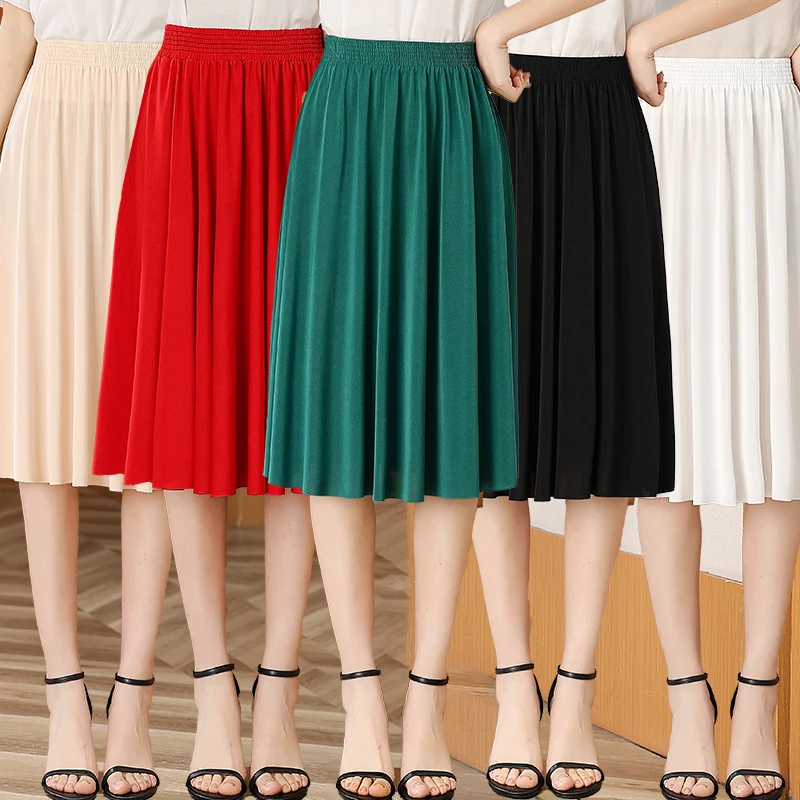 

Summer women's wide leg pants dress elastic waist plus size ice silk skirt pants seven quarter pants half body skirt solid color