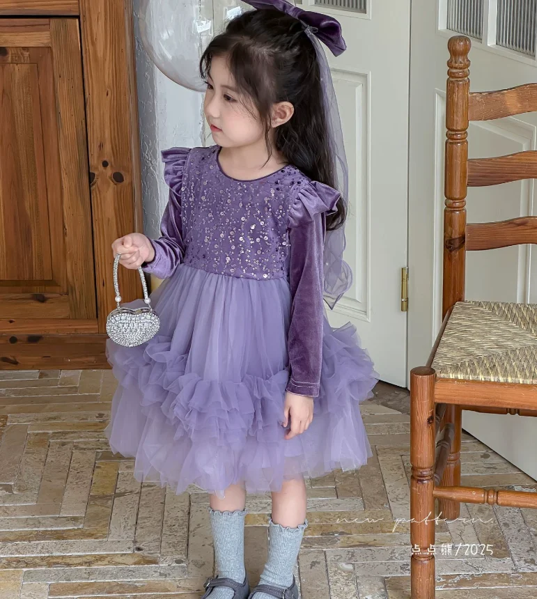 فستان شبكي قطيفة بأكمام طويلة لخريف الطفل الجديد، فساتين حفلات أزياء الأميرة للأطفال 2-8 T