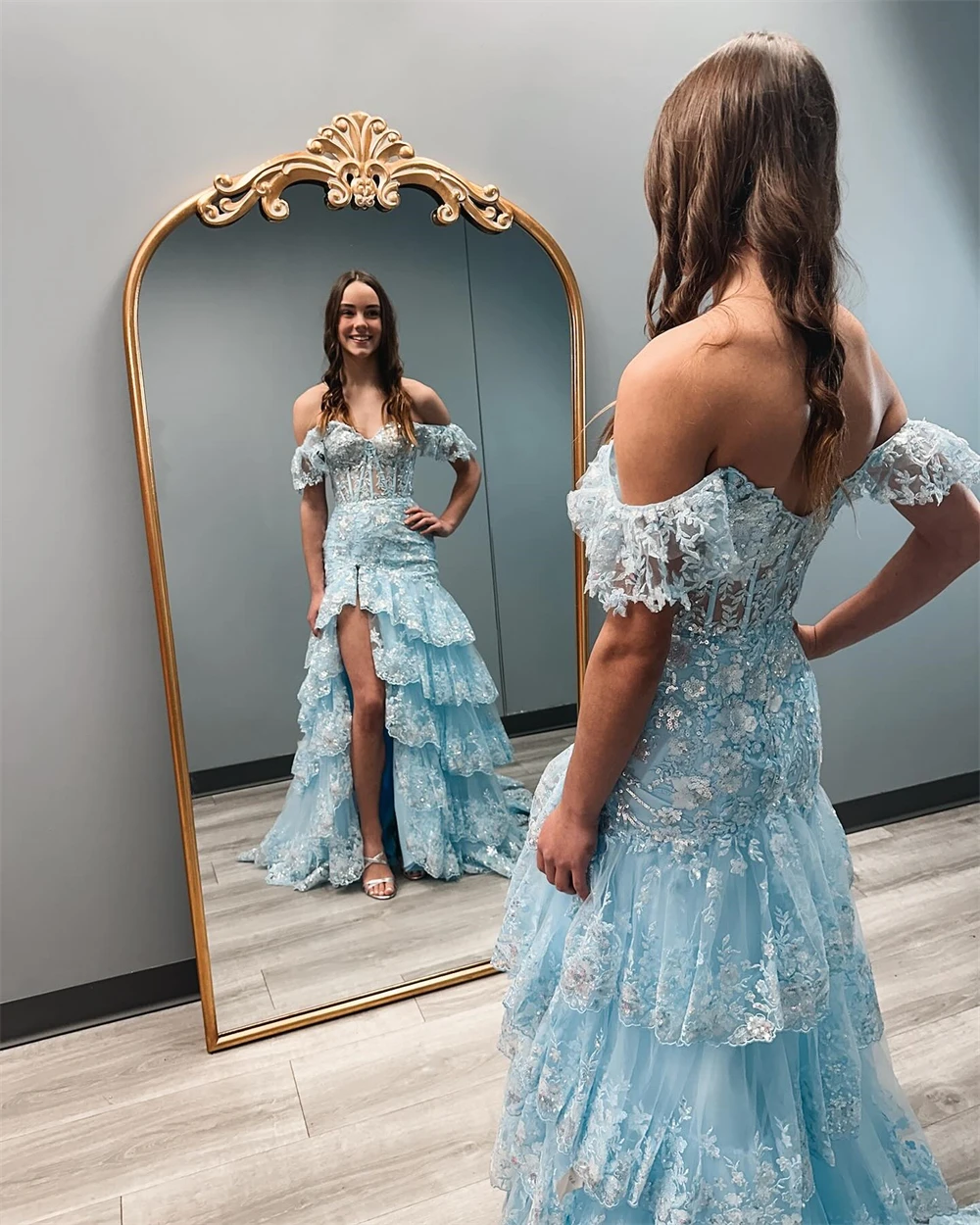 Off-the-shoulder Sweetheart Mermaid Cocktail Dresses Tiered Ruffles Sparkly Corset Lace Appliques Prom Gowns Long Evening Gowns