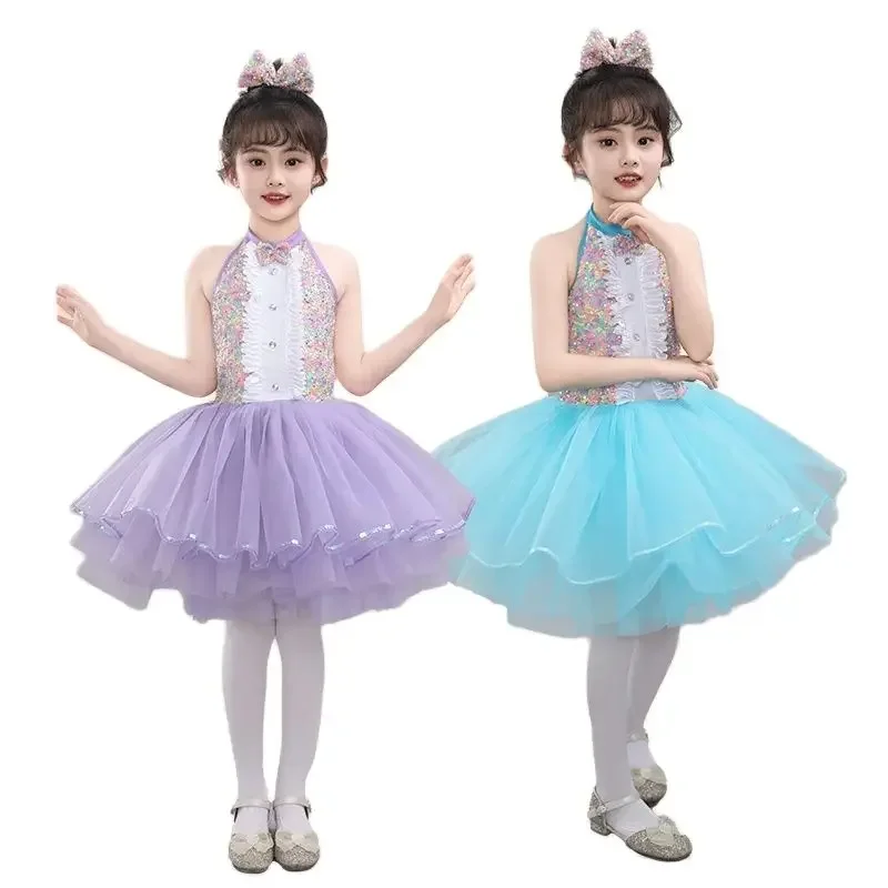 

Синее платье-пачка для современных танцев, детская одежда для джазовых танцев, одежда для бальных танцев, одежда с небом, детское платье принцессы для выступлений, танцевальная одежда