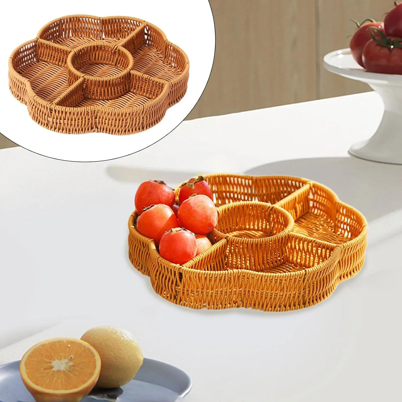 

Vine Woven Fruit Platter Multi Grid Compartment Storage Basket For Nuts Fruits Desserts Candies Household Decoration Plates