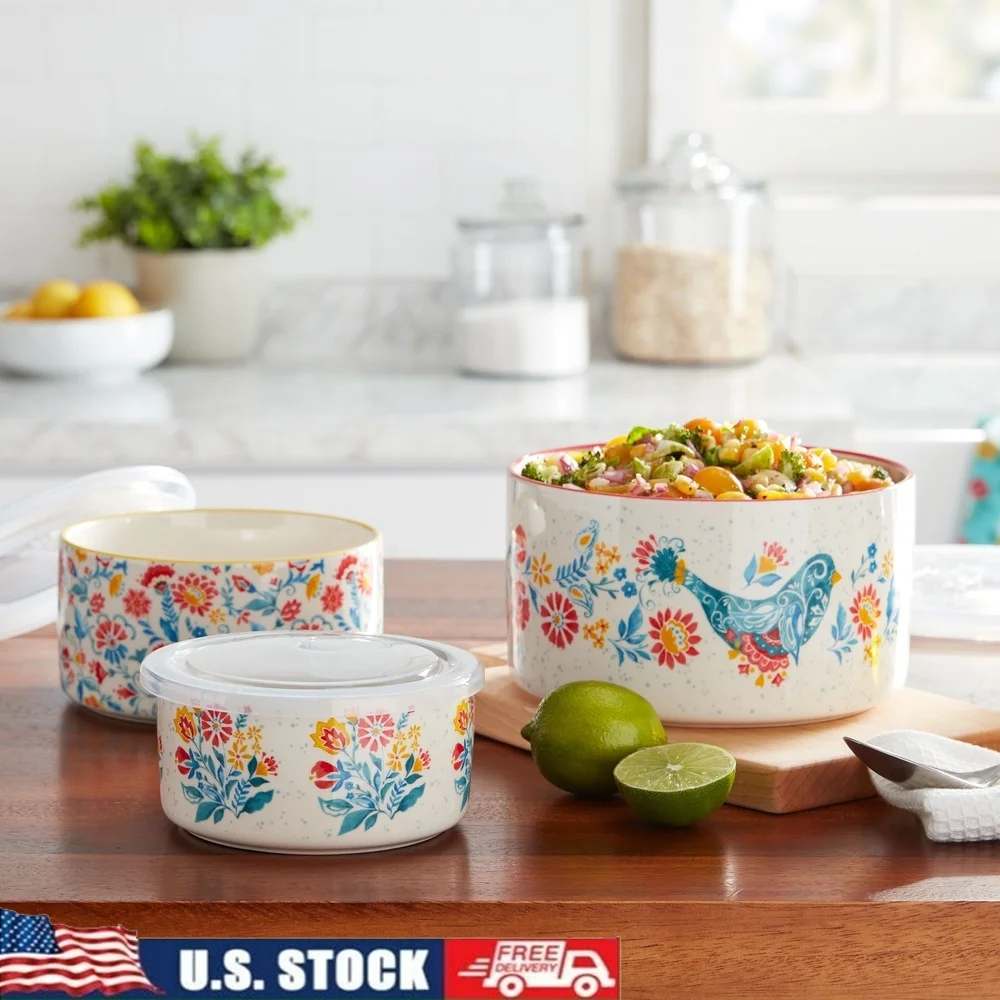 

Круглые керамические миски из 6 предметов с защелкивающимися крышками. Винтажный дизайн. Можно мыть в посудомоечной машине. Микроволновая печь. Идеальное хранилище.