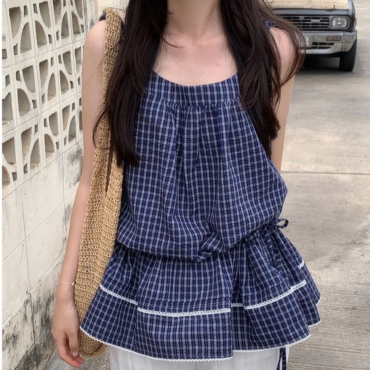 Summer New Sweet Plaid Sleeveless Vest Drawstring Dress Korean Style High Waist Other Material 100% Casual Universal Fit