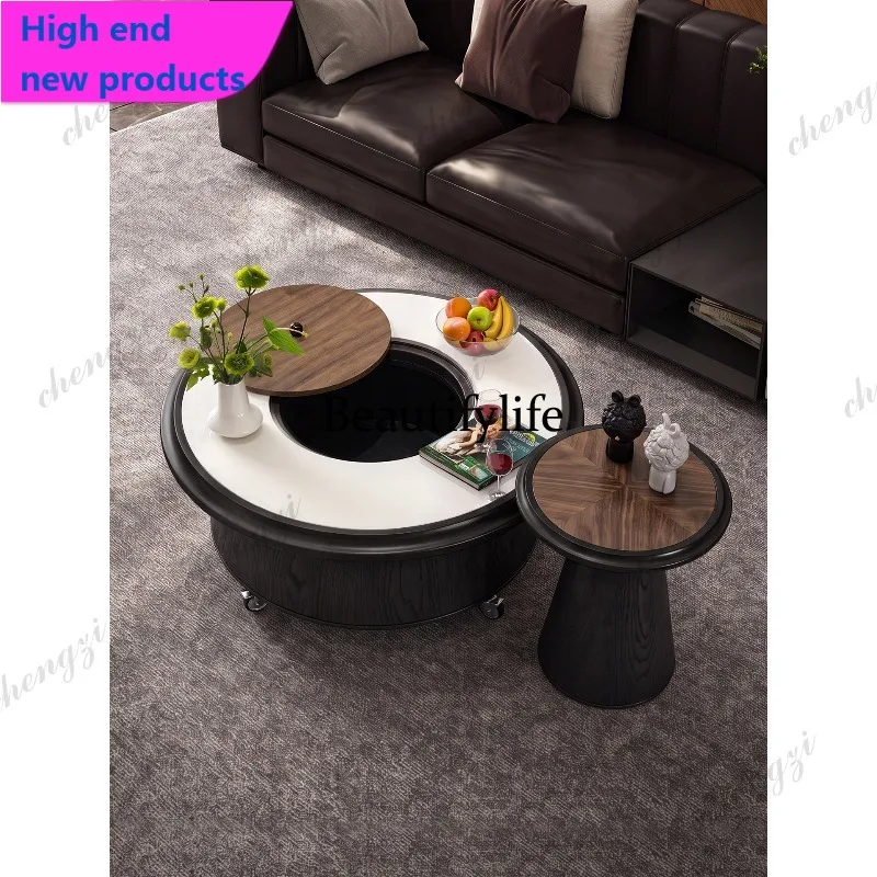 QQ Medieval natural microcrystalline stone round coffee table movable with storage size round table living room