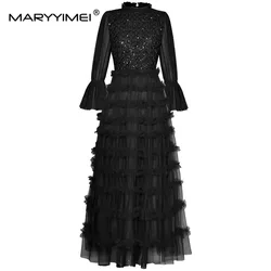 MARYYIMEI Fashion Designer spring Summer Women's Stand Collar Flare Sleeve Beading Mesh sequins Ruffles Slim Vintage Dresses