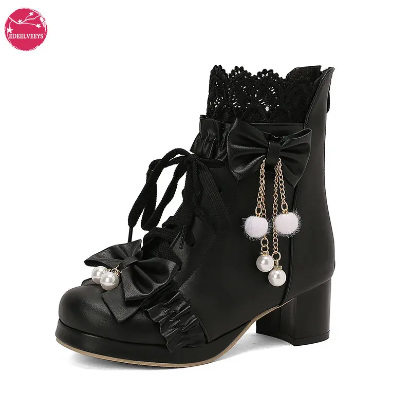 

Women Goth Lolita Platform Boots Chunky High Heels Ankle Boots Lace Buckle Gothic Cosplay Booties Zipper Punk Shoes