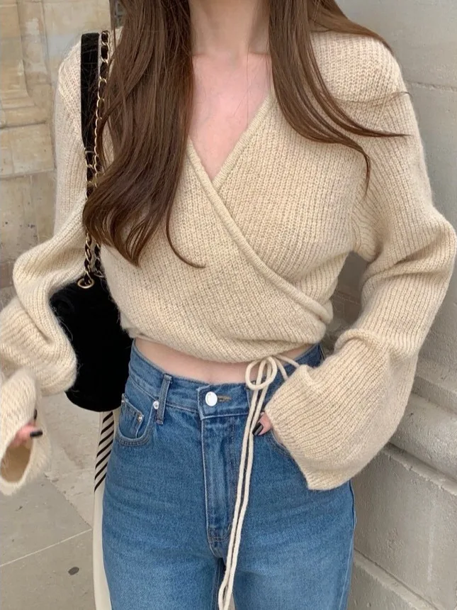 

Женское шерстяное пальто Ele осень-зима с V-образным вырезом, приталенным силуэтом, поясом, длинными рукавами, вязаный свитер во французском стиле