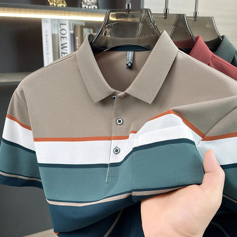 Luxury striped men short sleeve polo shirt comfort pocket high-quality new breathable middle-aged business casual summer T-shirt