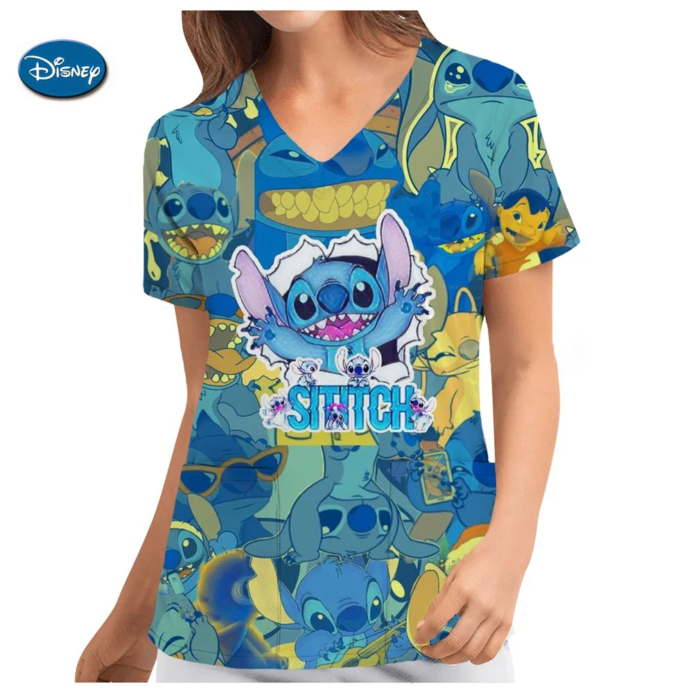 Disney Mickey Mouse Print Pielęgniarka Mundury medyczne V-neck Krótki rękaw Kieszeń Odzież robocza Top Scrubs Akcesoria medyczne Uniform