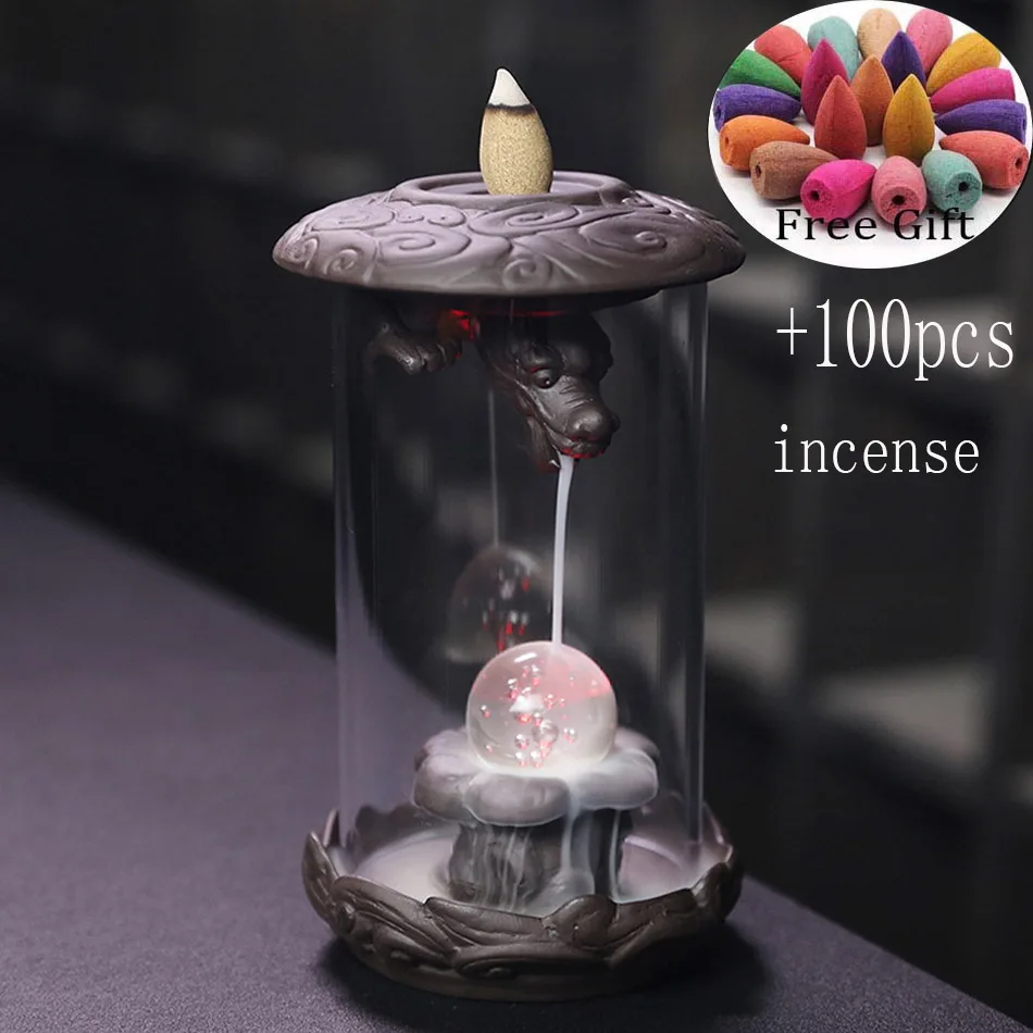 

Dragon Incense Burner Ceramic Backflow Incense Burner Creative Home Decor Incense Holder Censer with Crystal Ball + 100pcs Incen