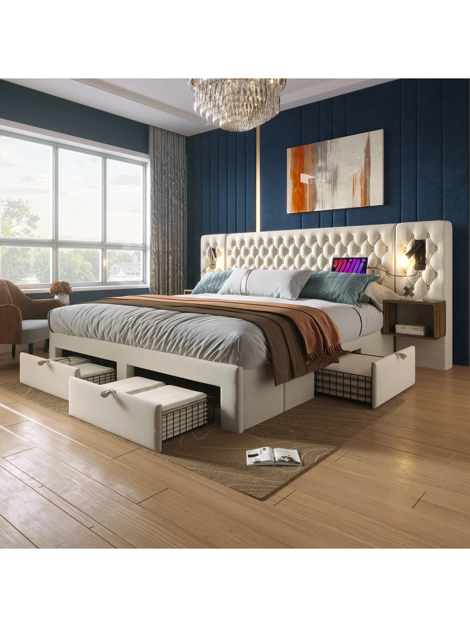 Schlafzimmerbett-Set, gepolstertes Doppelbett 180 x 200 cm mit 2 Nachttischen und 4 Schubladen, Samt (Matratze nicht im Lieferumfang enthalten)