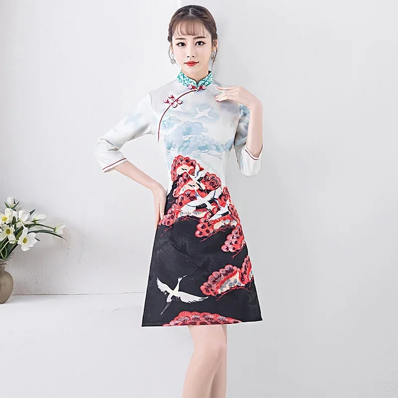 Modern Chinese Cheongsam Qipao Women Three Quarter Sleeve Sexy Oriental Dress Chinese Style Japanese Cheongsam Dress FF2219