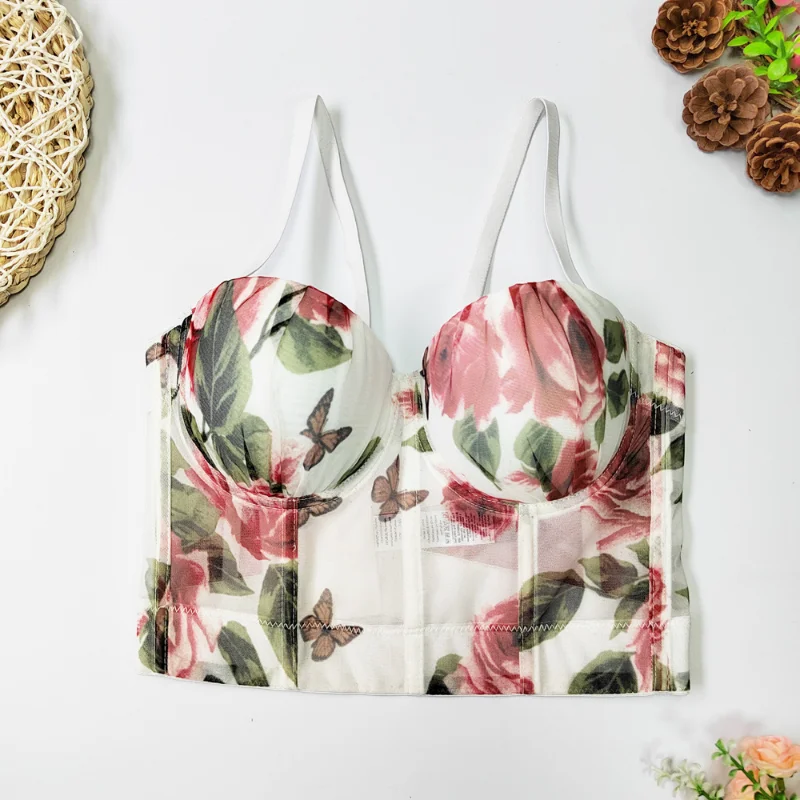 Shaped Molded Rose Print Wrapped Chest Sweet and Cute Mesh Top Corset Short Pleated Suspender Free Underwear Ladies Tops Strap