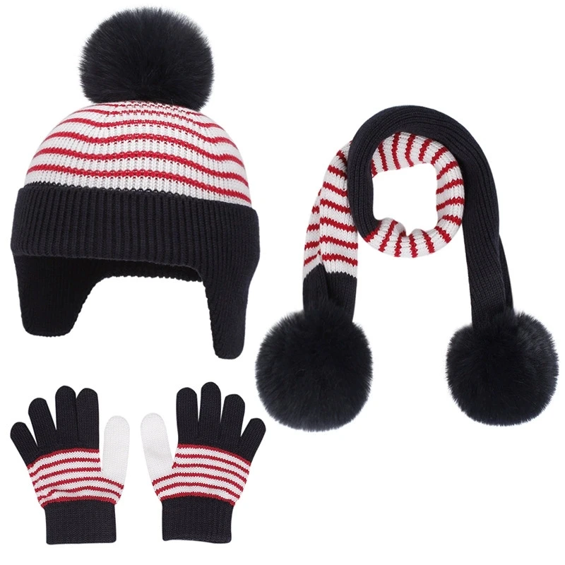 

3pcs Striped Kids Winter Hats Scarfs Gloves Set Boys Girls Beanie Caps Knitted Children Hat Neck Warmer Gloves for 1-5 years