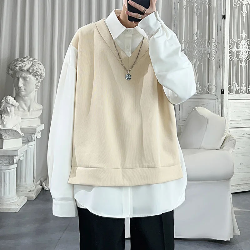

Casual Long Sleeve Men's Shirt Inner Wear Hong Kong Style Loose Fit Spring Autumn Trendy Fashionable Versatile Top