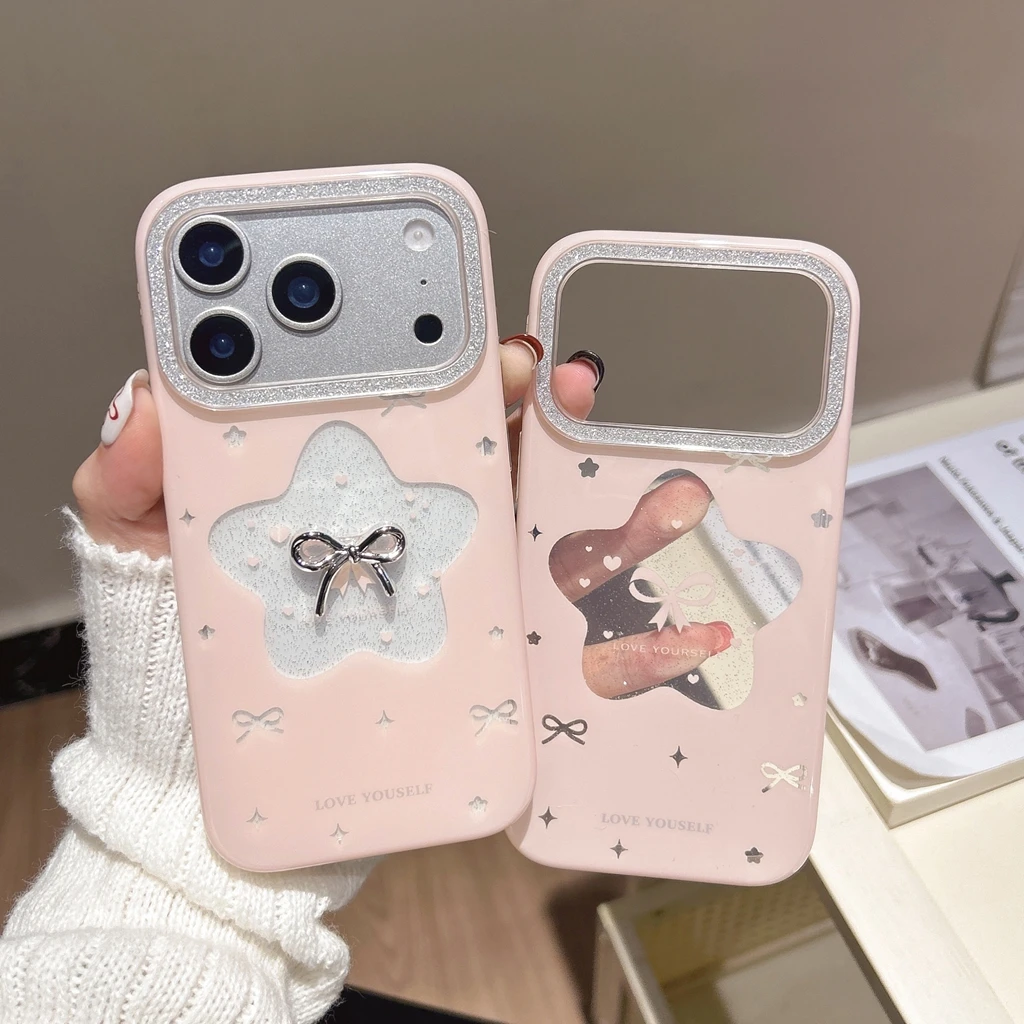 

Милый розовый ажурный звездный блестящий стереоскопический серебряный противоударный чехол с бантом для телефона для iPhone 17, 16, 15, 14 Pro Max