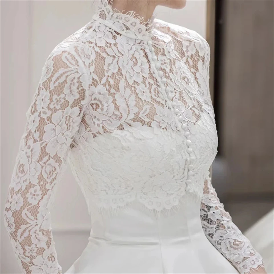 Elegant Lace Button High Neck Illusion A-line Simple Wedding Dresses 2024 Sweep Train Full Sleeves Bridal Gowns Vestido De Noiva