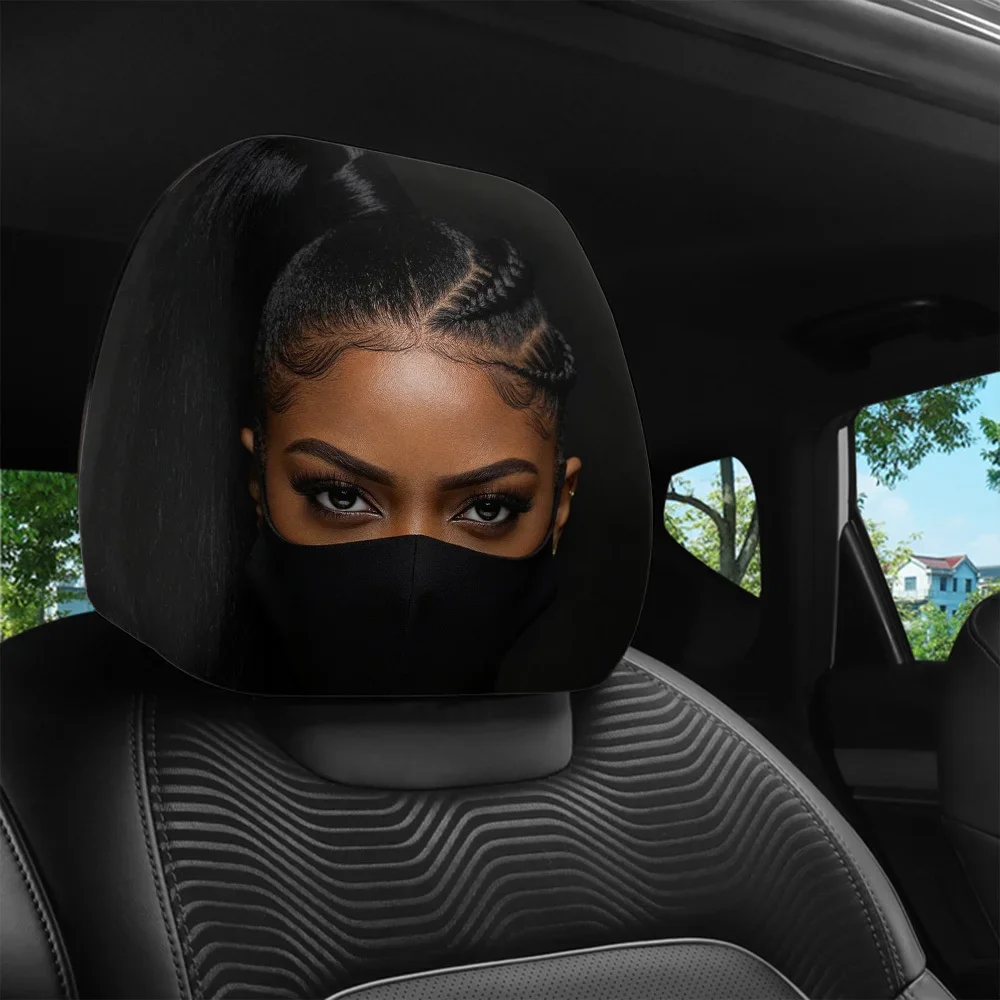 2pcs Car Headrest Cover With Masked Figure Print Braided Hair Suitable For Long Distance Road Trips Washable Headrest