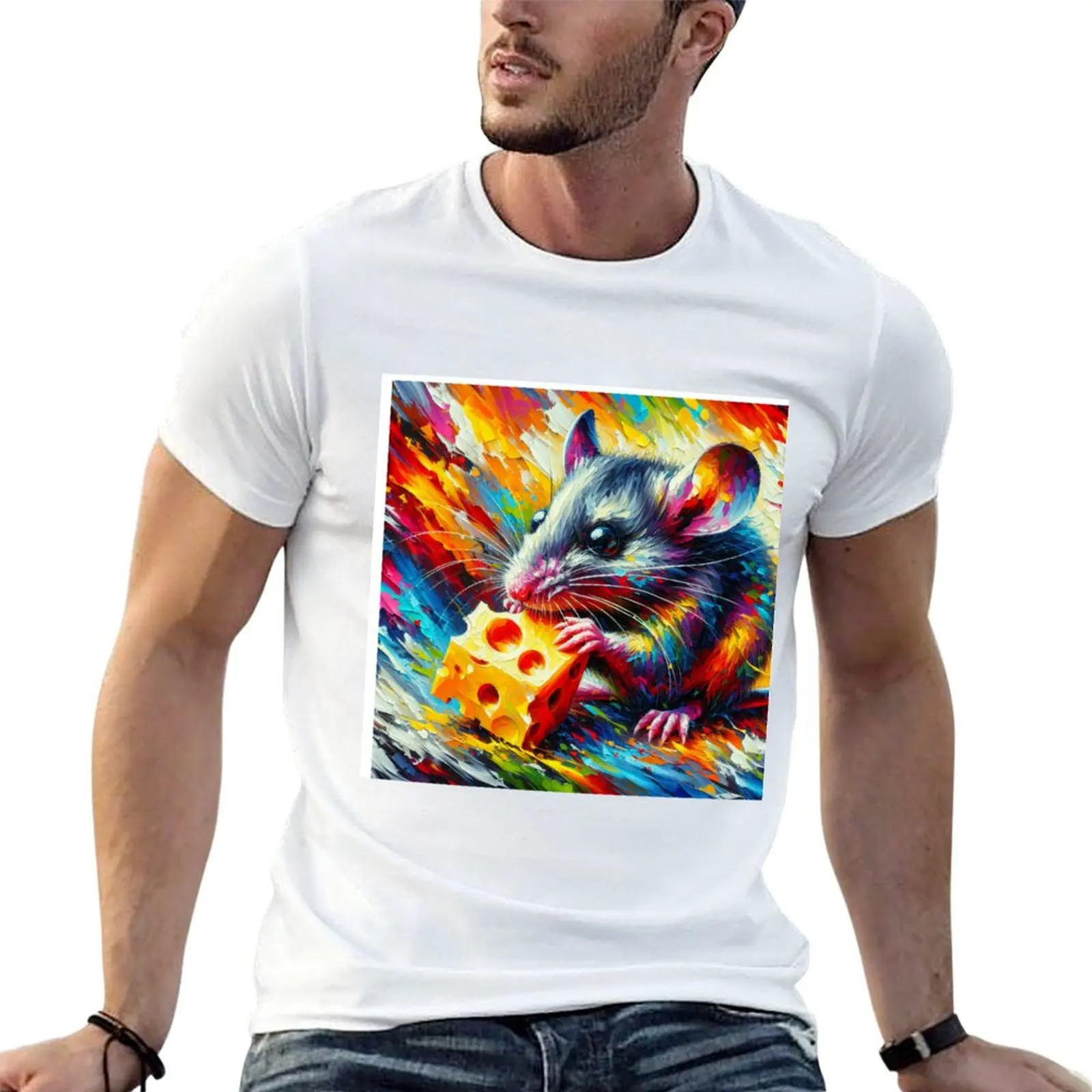 a mouse with cheese acrylic style T-Shirt Large Size Loose Casual Tee