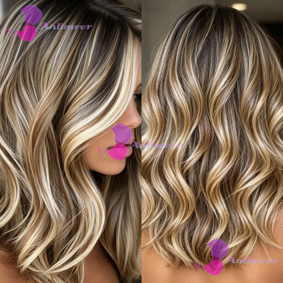 Klebefreies braun-blondes Echthaar mit Highlights, gewellt # 613 Made 180% Dichte 13x4 Lace-Front-Perücken mit gebleichten Knoten